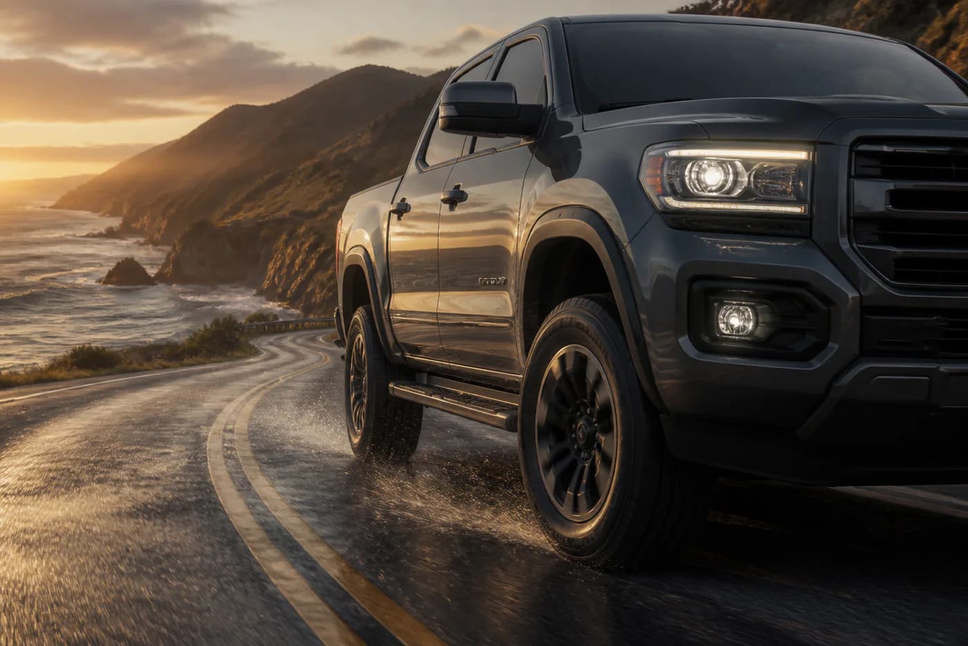 Pickup truck on a Northern California coastal road