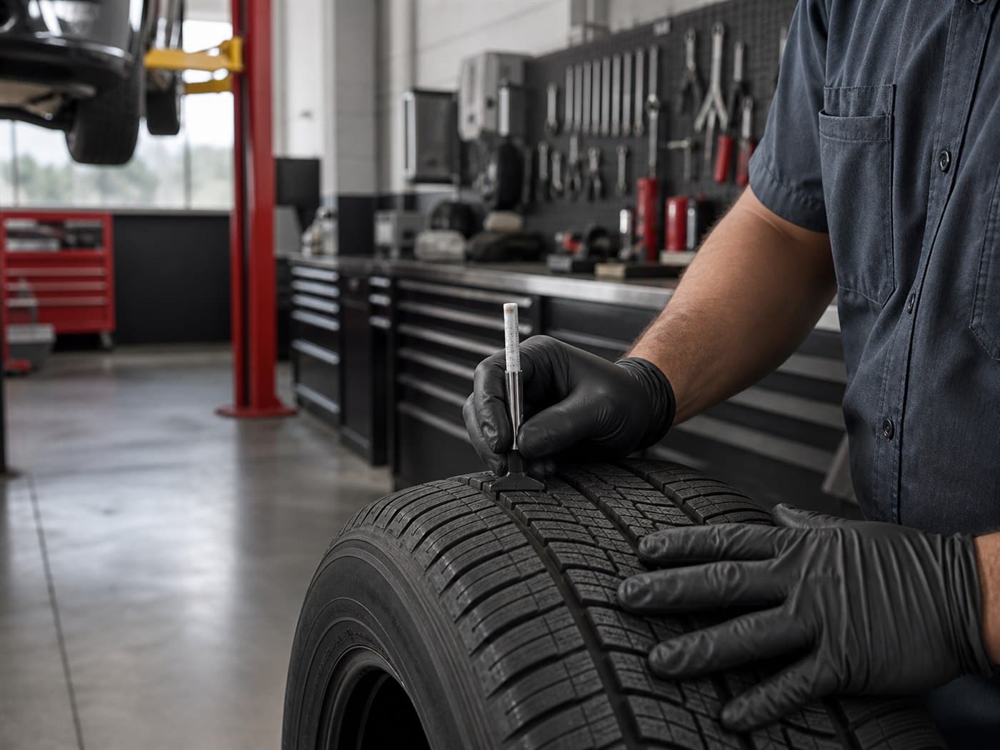 Technician measuring tire tread depth